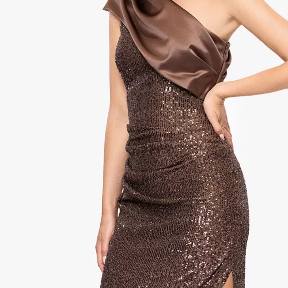 Betsy & Adam One Shoulder Brown Sequin Dress